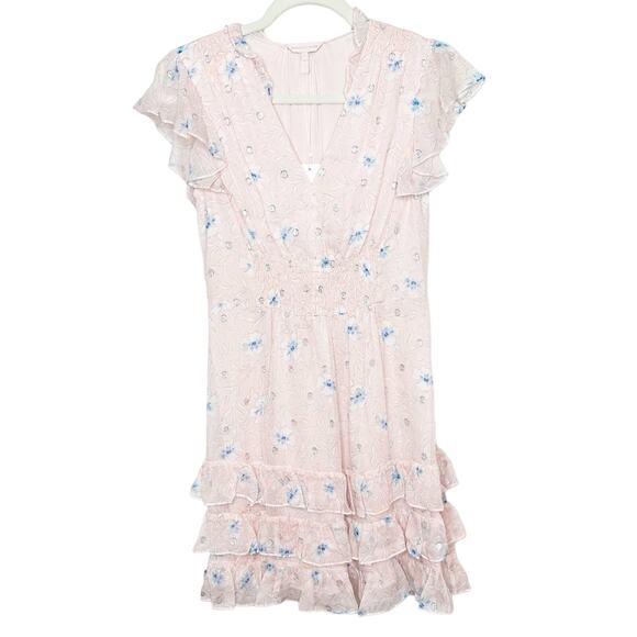 Rebecca Taylor NWT Peach Silk V-Neck Floral Smocked Flutter Sleeve Mini Dress - Picture 3 of 6